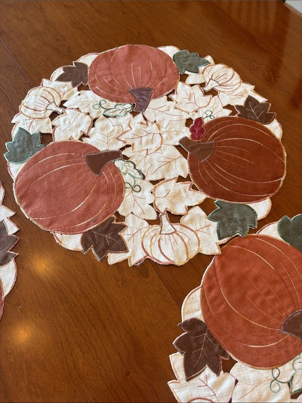 6 Round Placemats-Autumn Pumpkin Cutwork Placemat Set - Orange & Cream